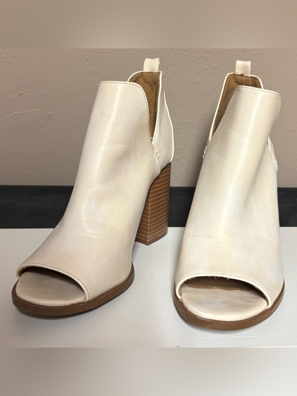 Pink Lily Cream Peep-Toe Block Heel Ankle Booties
